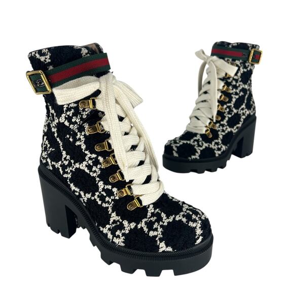 Gucci Tweed GG Monogram Lace Up Combat Ankle Boots - Picture 6 of 15